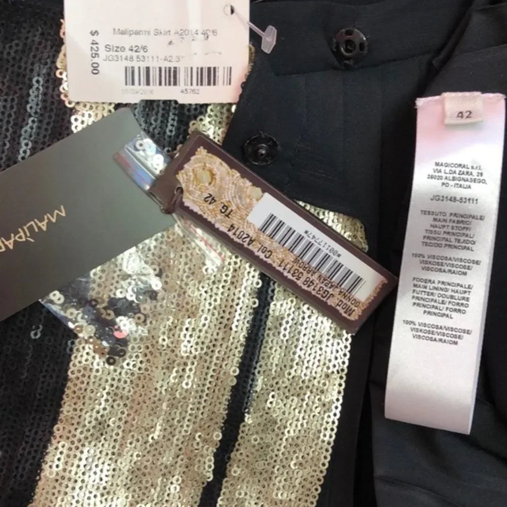 Maliparmi Italian Sequin Pleated Black and Gold Wrap Skirt 42/6 NWT